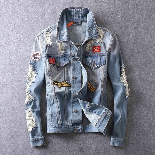 

jackets american streetwear fashion retro blue patches designer ripped denim jacket men cotton coats hip hop chaqueta hombre, Black;brown
