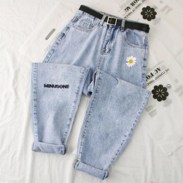 

women's jeans oversize denim harem trousers mujer vintage casual straight women pant daisy embroidery jean high waist, Blue