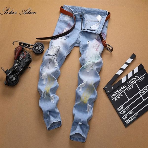 

spring summer men's ripped patch jeans mid-waist and small feet casual pants, Blue