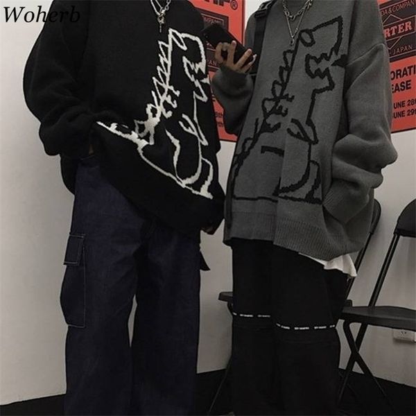 

harajuku fashion knitted women man sweater cute cartoon dinosaur pullover sweaters streetwear jumper pull 210519, White