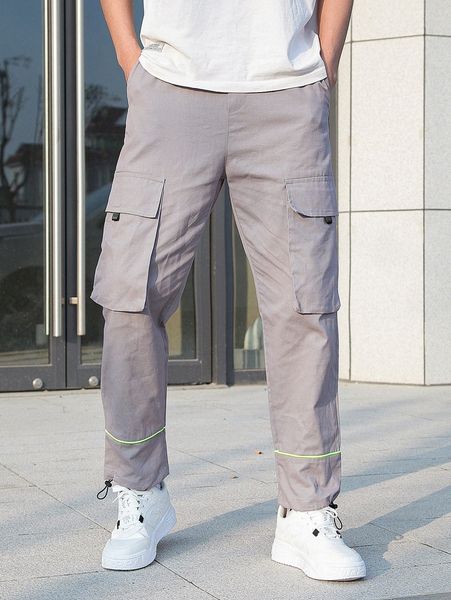 

men flap pocket contrast piping drawstring hem pants a37j#, Black