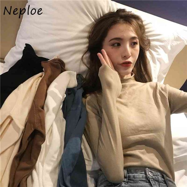 

neploe autumn and winter half turtleneck snug knitted pullovers solid simple long sleeve slim casual women sweaters 82140 210423, White;black