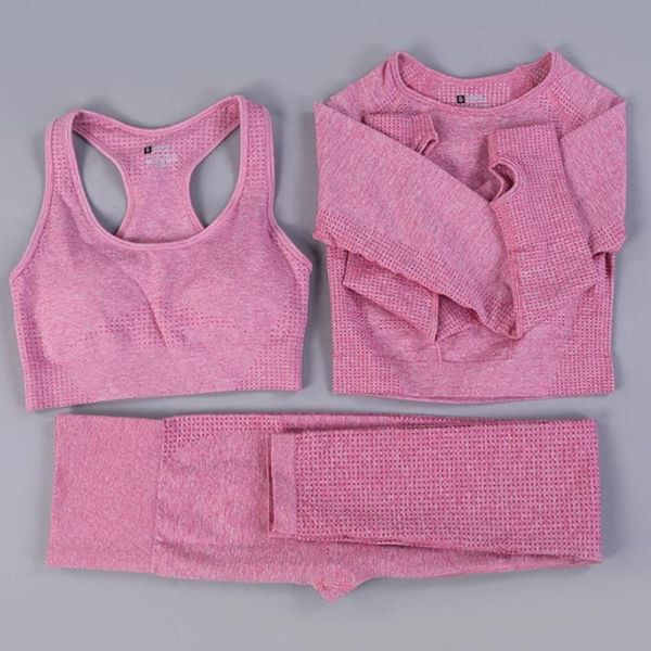 

yoga outfit 3pcs gym set sports suit women seamless leggings push up bra long sleeve workout fitness clothes sportswear
