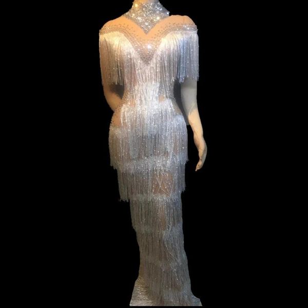 

party decoration shining rhinestone white fringes perspective long dress women birthday celebration prom singer stage wear
