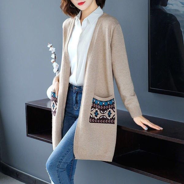 

women's knits & tees plus size women vintage knit cardigan loose embroidered with pocket long sweater outwear casual knitted open stitc, White
