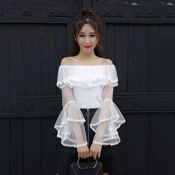 

women's blouses & shirts summer autumn women shirt floral lace blouse flare sleeve off shoulder slash neck mesh blusas ruffles short s, White