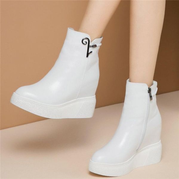 

boots winter platform pumps shoes women genuine leather wedges high heel ankle female round toe fashion sneakers casual, Black