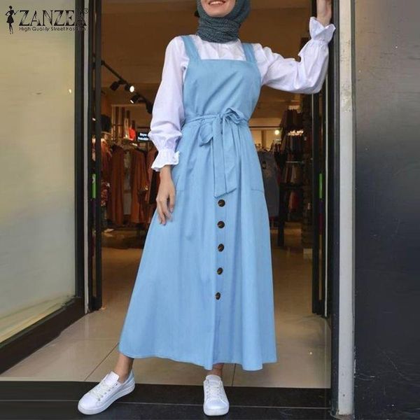 

stylish islamic dress women's muslim overalls vestidos zanzea 2021 casual solid tank marocain robe female button sundress s-5xl dresses, Black;gray