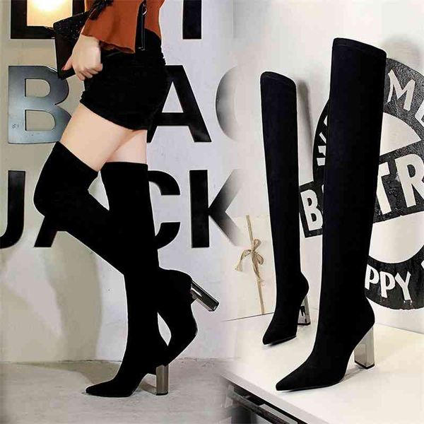 

dress shoes women over the knee boots slip on autumn winter thick heeled elastic suede thigh high boots high heels warm long boot, Black
