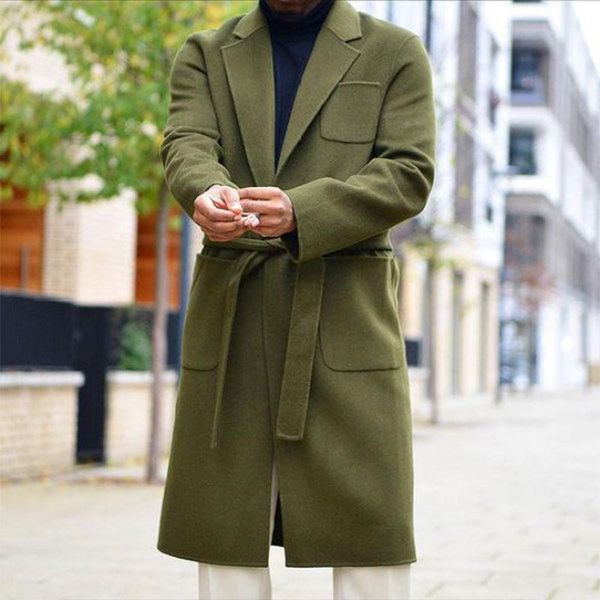 

men's wool & blends winter woolen coat casual street wear korean style solid color belt pocket mid-length clothing, Black