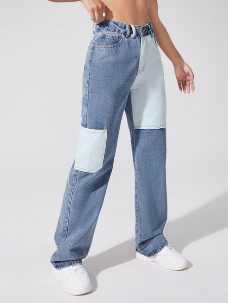 

high waist two tone jeans q9qj#, Blue