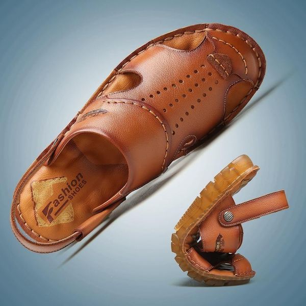 

slippers 2021 summer mens hand made beach shoes genuine leather casual sandals comfortable breathable fashion, Black