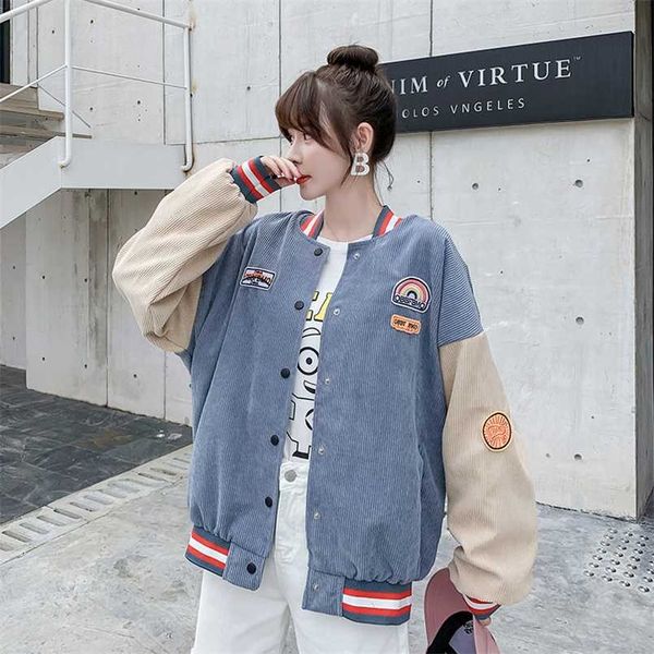 

japanese sweet harajuku loose women baseball uniform jacket autumn winter corduroy fashion splicing long sleeve epaulettes 211014, Black;brown