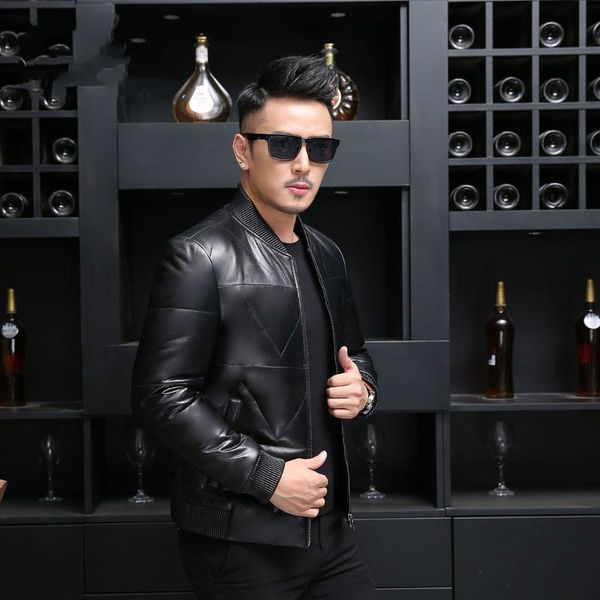 

men's leather & faux men winter bomber jacket real sheepskin coat duck down baseball jackets plus size jaqueta de couro 29027 yy642, Black