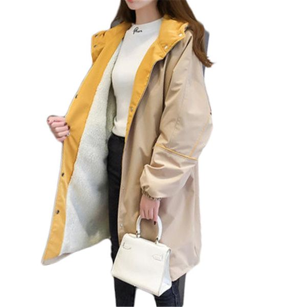 

women's trench coats women coat autumn winter windbreaker large size costumes vintage loose overcoat hooded female long outerwear j963, Tan;black
