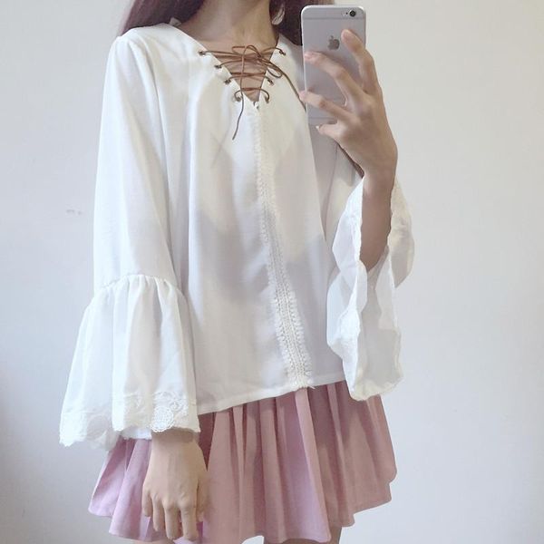 

women's blouses & shirts v-neck lace-up blouse cute long sleeve shirt flare 2021 autumn women fashion, White