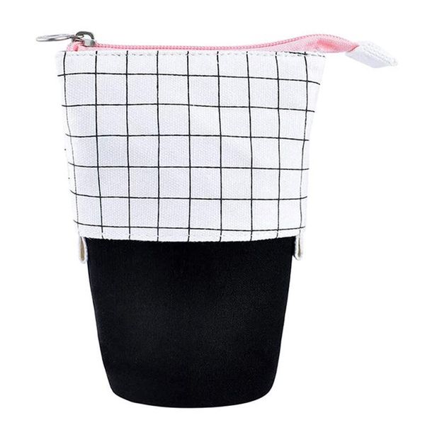 

pencil bags stand up holder transformer pen box cartoon cute stationery bag for students(black and white grid)