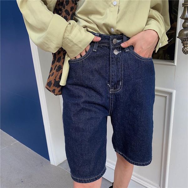 

hzirip 2021 summer women jeans short pants knee lenght straight thin high waist all match loose denim female vintage casual women's, Blue