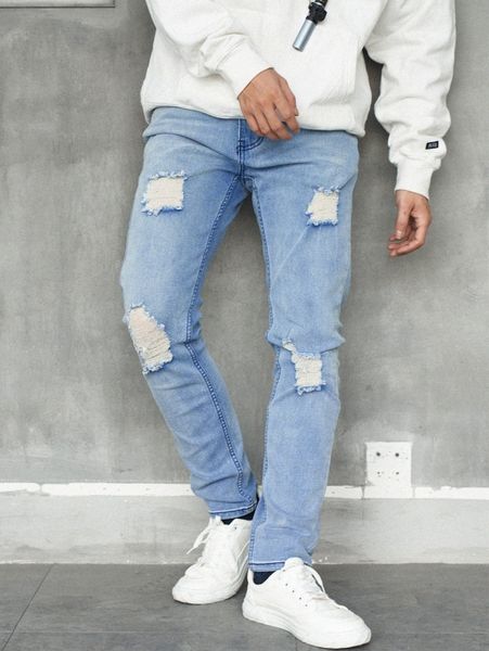 

men ripped cat whisker tapered jeans v5p8#, Blue