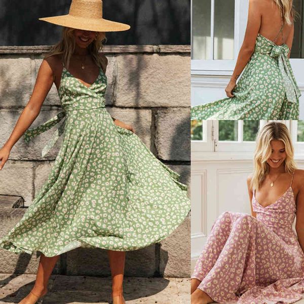 

dresses women bohemian flower printed a-line party spaghetti strap v neck elegant casual summer fashion dress, Black;gray