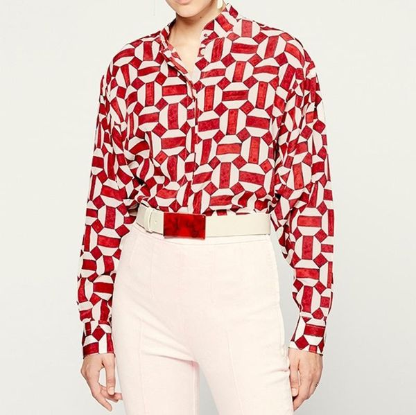 

100% silk geometric pattern women shirt long sleeve causla wild lady blouse 2021 women's blouses & shirts, White