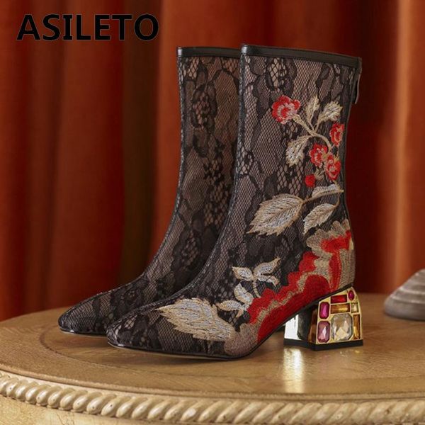 

women bling rhinestone boots pointed toe ethnic embroidered floral cut zip buckle lace breathable party a4044, Black