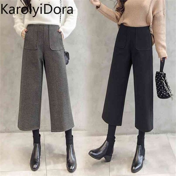

winter fashion high waist women's wool wide leg pants thick warm loose casual harem office ladies 210520, Black;white