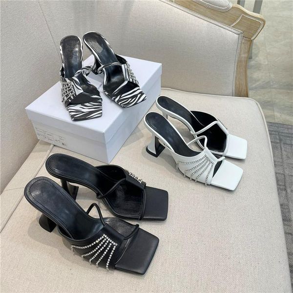 

summer ladies slippers rhinestone chain decoration square toe wine glass with fashion party, Black