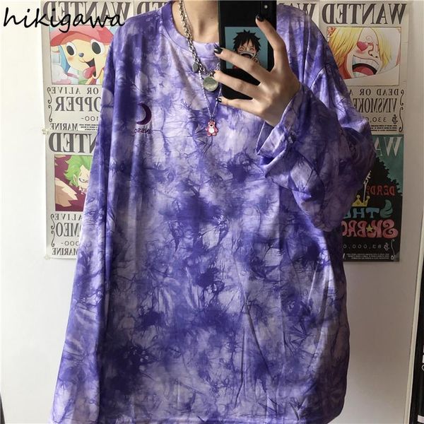 

women's t-shirt hikigawa spring clothes oversized tshirt korean fashion shirt harajuku tie-dye embroidery tees o-neck long sleeve muje, White