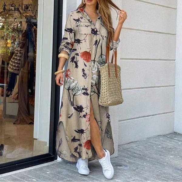 

casual dresses zanzea women vintage shirt dress 2021 summer print maxi vestidos long sleeve sundress lady lapel loose robe plus size 5xl, Black;gray