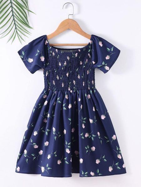 

girls floral print shirred dress she, Red;yellow