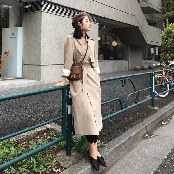 

women's trench coats simple mid-length windbreaker 2021 spring autumn loose belt thench coat korean temperament straight female f100, Tan;black