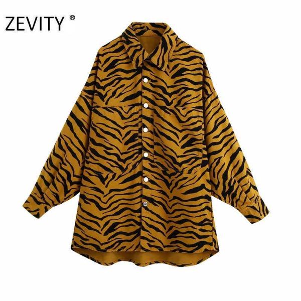 ZEVITY Kadınlar Vintage Hayvan Doku Baskı Rahat Gevşek Gömlek Ceket Kadın Uzun Kollu Cepler Yama Mont Dış Giyim Şık Tops CT582 210603