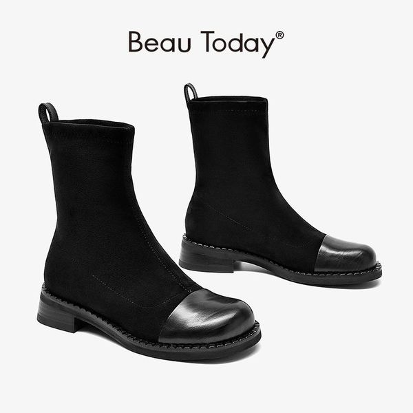 

boots ankle women stretch fabric shoes calfskin round toe slip-on ladies autumn winter sock handmade beautoday 02028, Black