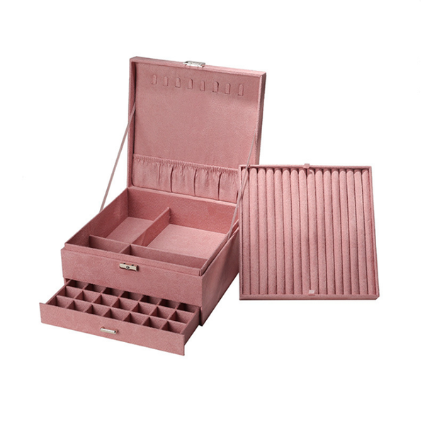 

new style luxury jewelry boxes 3 layers with lock large space organizer for ring and necklace velvet jewelry holder 4 color, Black;white