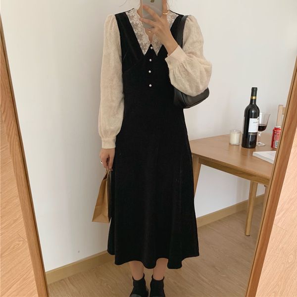 

dresses women french retro v-neck embroidery veet patchwork lace long gentle elegant chic female fashion clothe, Black;gray