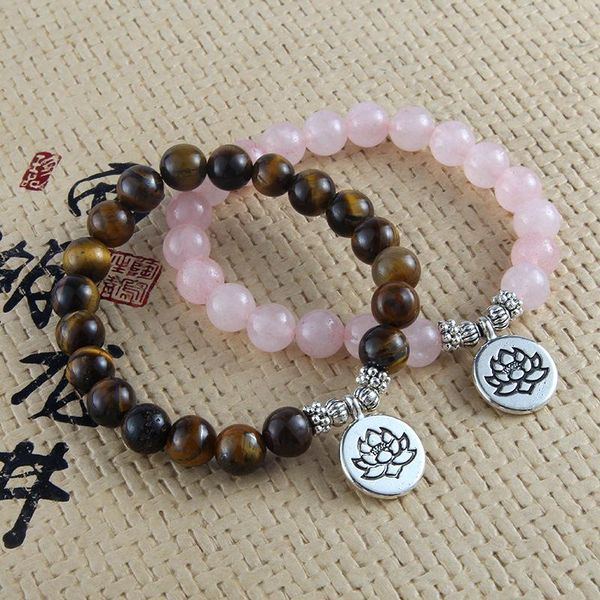 

beaded, strands natural tiger eye stone bracelet crystal buddha lotus for men women charm beads elastic bijoux wristband, Black