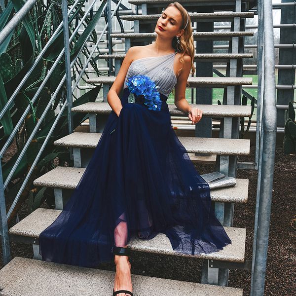 

Prom Dress Long 2021 Elegant Ever Pretty EP07404 Sexy Sleeveless Backless A-line Tulle Robe De Soiree Navy Blue Party Dress, Black