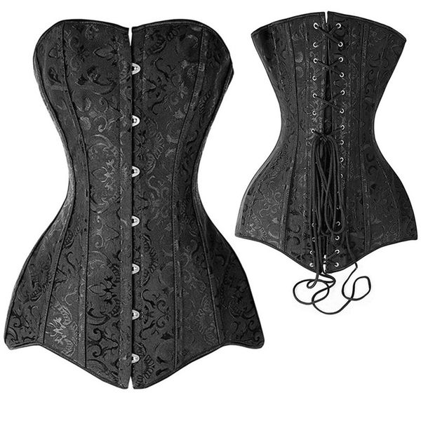 

Woman Bustiers Black White Plus Size Corset Sexy Steel Boned Long Waist Cincher Corset Bustiers Body Shaper Steampunk Brocade Lace Up Corsel