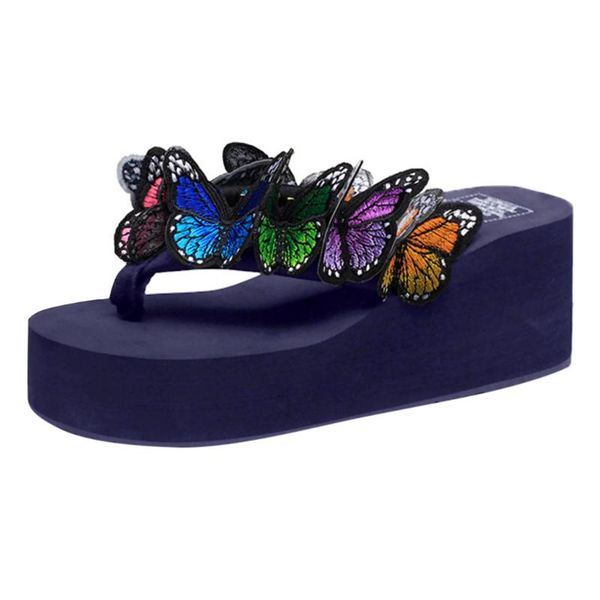 

slippers jaycosin wedge flip flops women butterfly floral wedges round toe thick-sloped and soft, Black