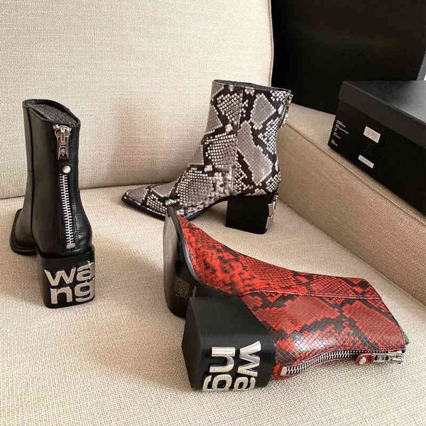 

dress shoes vallu new zipper square head letter short boots women's leather thick-heeled snake print fashion atmospheric busm, Black