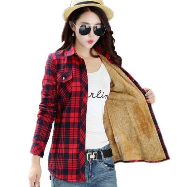 

fashion velvet thick warm womens shirt plaid long sleeve flannel  xxl size winter add check blouses, White