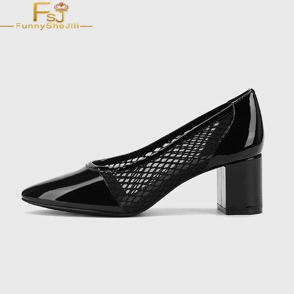 

dress shoes black patent patchwork women pumps high chunky heels pointed toe slip on large size 14 16 ladies summer fashion mature fsj