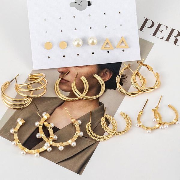 

hoop & huggie bohemia small earrings set for women fashion stud geometric round pearl dangle hanging 2021 trend women's jewelry, Golden;silver