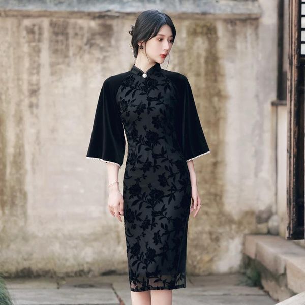 

ethnic clothing chinese traditional long fork women qipao slim vintage button mandarin collar gorgeous party dress ladies cheongsam, Red