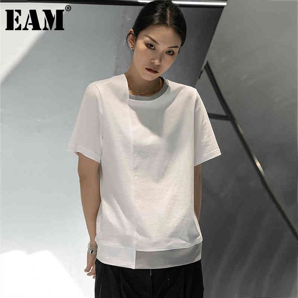 

[eam] women white gray spliced big size loose casual t-shirt round neck short sleeve fashion spring summer 1dd7725 21512
