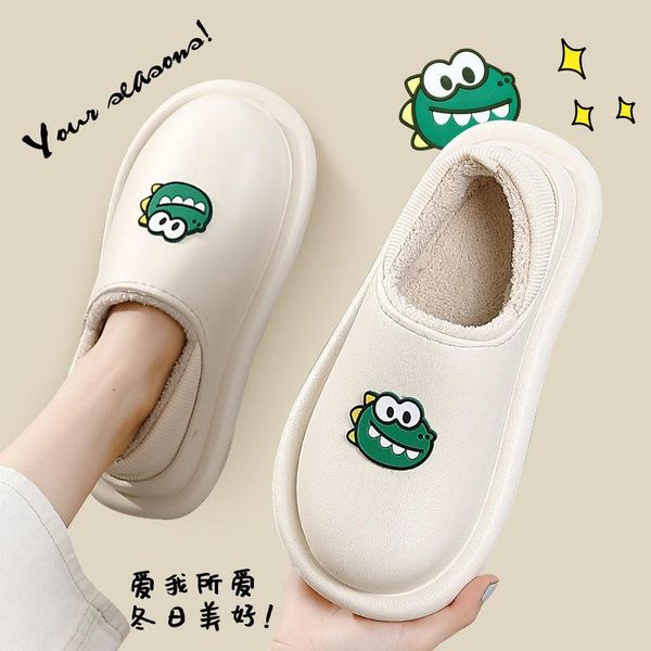 

slippers waterproof cotton women's home non slip warm thick bottom lovely couple plush men shoes on ing days, Black