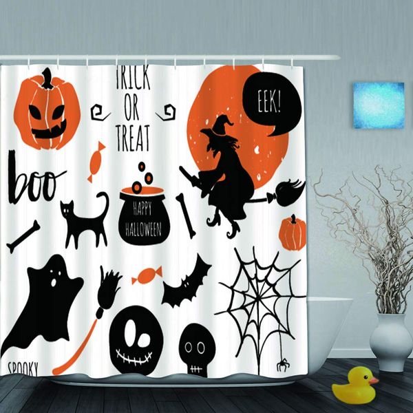 

bath shower curtain set with 12 hooks halloween set bats spider pumpkins witch