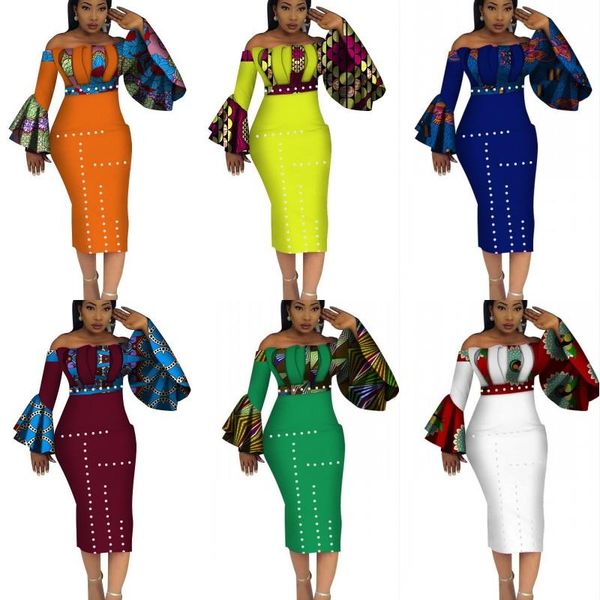 

casual dresses african women's flared sleeve printed wedding party long dress ethnic style strapless wrap traditional clothing, Black;gray