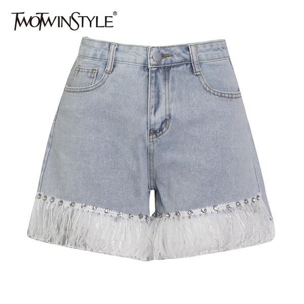 

casual blue patchwork tassel denim short for women high waist loose shorts female summer fashion clothing 210521, White;black